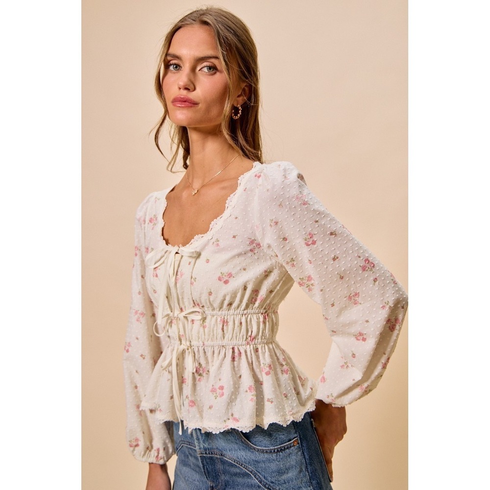 SO ME Floral Clip Dot Lace Trim Ruched Bodice Blouse - White - Medium - Picture 11 of 16